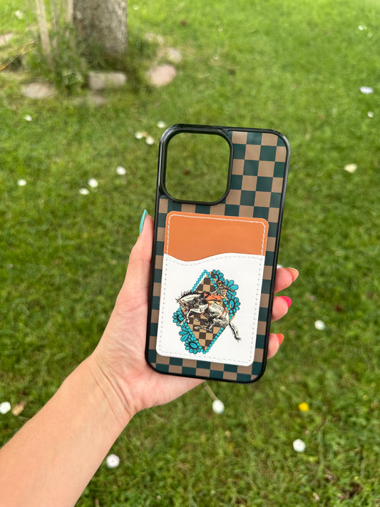TURQUOISE BRONC PHONE CASE WITH CARD WALLET